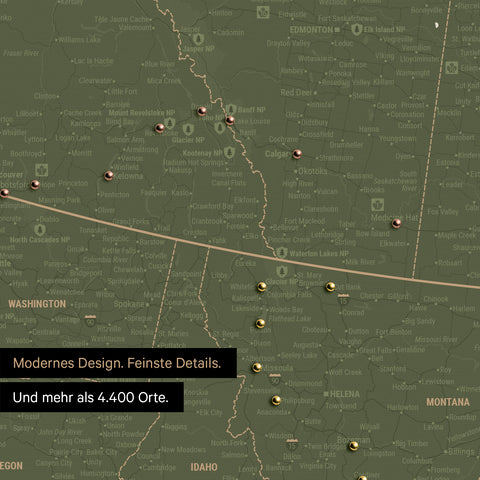 Ausschnitt einer Nordamerika Landkarte als Pinn-Leinwand in Olive Green zeigt Reiseziele und Highlights in Kanada und USA