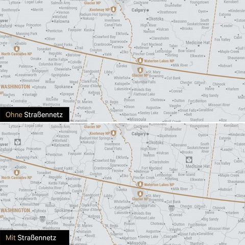 Nordamerika Karte Pinn-Leinwand in Schwarz-Weiss optional mit dem Straßennetz der größten Highways und Interstates