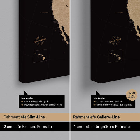 Nordamerika Karte Pinn-Leinwand in Sonar Black (Schwarz-Gold) optional mit dem Straßennetz der größten Highways und Interstates