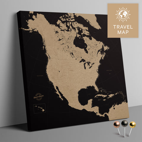 Nordamerika Landkarte in Sonar Black (Schwarz-Gold) mit sehr hohem Detailgrad als Pinnwand Leinwand zum Pinnen und Markieren von Reisezielen kaufen