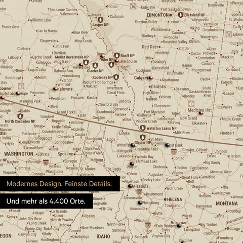 Ausschnitt einer Nordamerika Landkarte als Pinn-Leinwand in Treasure Gold zeigt Reiseziele und Highlights in Kanada und USA