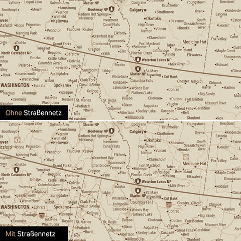 Nordamerika Karte Pinn-Leinwand in Treasure Gold optional mit dem Straßennetz der größten Highways und Interstates