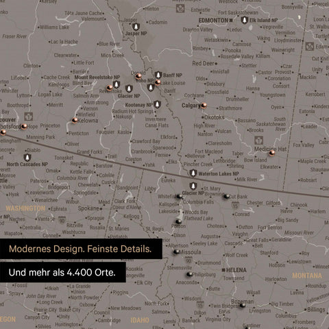 Ausschnitt einer Nordamerika Landkarte als Pinn-Leinwand in Warmgray (Braun-Grau) zeigt Reiseziele und Highlights in Kanada und USA