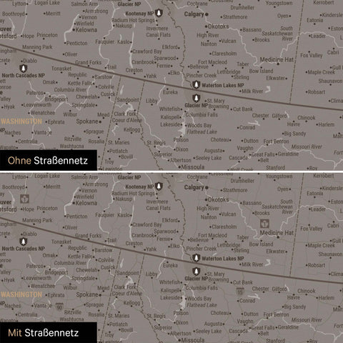 Nordamerika Karte Pinn-Leinwand in Warmgray (Braun-Grau) optional mit dem Straßennetz der größten Highways und Interstates