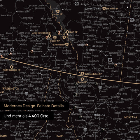 Ausschnitt einer Nordamerika Landkarte als Pinn-Leinwand in Light Black (Weiß-Schwarz) zeigt Reiseziele und Highlights in Kanada und USA