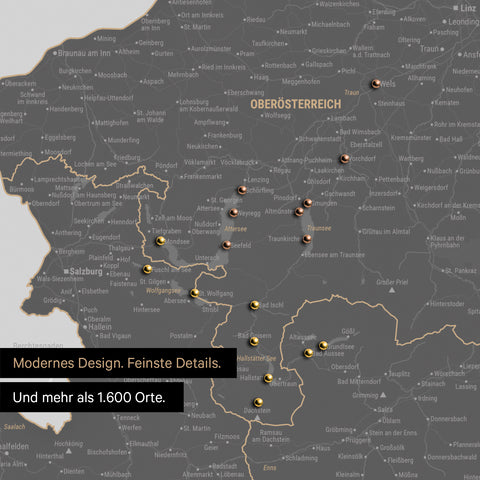 Ausschnitte einer Österreichkarte mit dem Salzkammergut und der Steiermark als Pinn-Leinwand in Light Gray mit 1.600 Orten