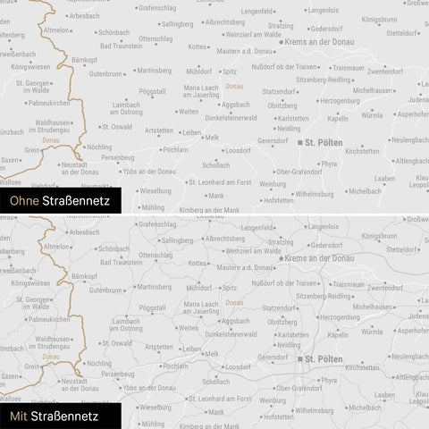 Österreich-Karte Leinwand in Schwarz-Weiß wahlweise mit oder ohne Straßennetz