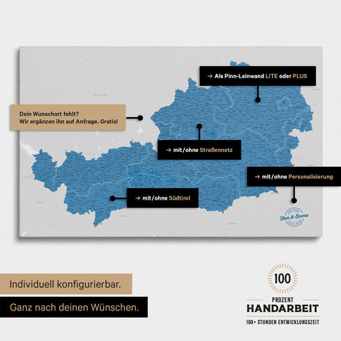 Konfigurationsmöglichkeiten einer Österreich-Landkarte mit Südtirol als Pinn-Leinwand in Blau 