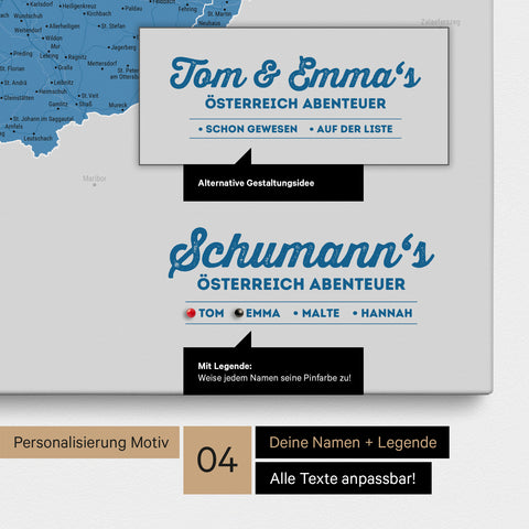 Pinnwand Leinwand einer Österreich-Karte in Blau mit Personalisierung als Logo mit Familiennamen