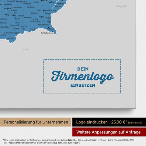 Österreich-Karte als Pinn-Leinwand in Blau mit Eindruck eines Firmenlogos