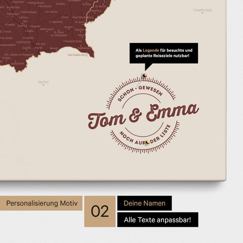 Pinnwand Leinwand einer Österreichkarte in Farbe Bordeaux Rot mit personalisiertem Eindruck von Namen und einer Legende zum Markieren
