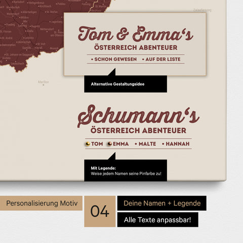 Pinnwand Leinwand einer Österreich-Karte in Bordeaux Rot mit Personalisierung als Logo mit Familiennamen