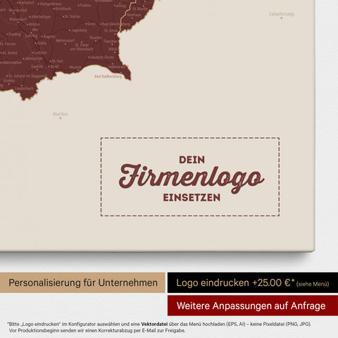 Österreich-Karte als Pinn-Leinwand in Bordeaux Rot mit Eindruck eines Firmenlogos