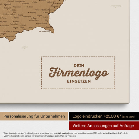 Österreich-Karte als Pinn-Leinwand in Bronze mit Eindruck eines Firmenlogos