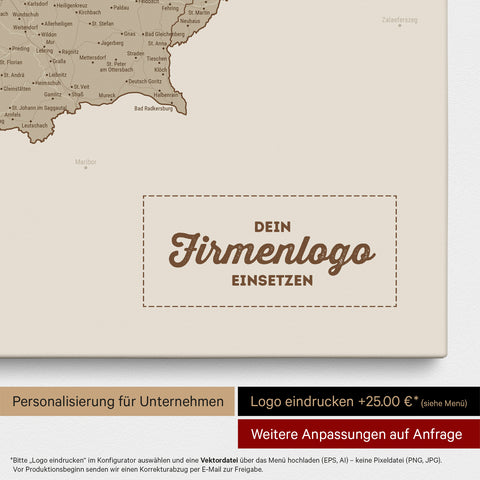 Österreich-Karte als Pinn-Leinwand in Desert Sand mit Eindruck eines Firmenlogos