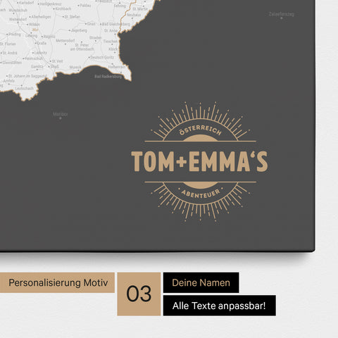 Österreich-Karte als Pinn-Leinwand in Dunkelgrau mit eingedruckten Namen als Logo in Form einer Sonne