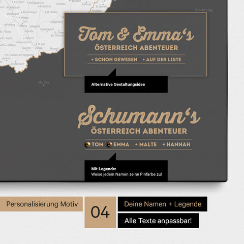 Pinnwand Leinwand einer Österreich-Karte in Dunkelgrau mit Personalisierung als Logo mit Familiennamen
