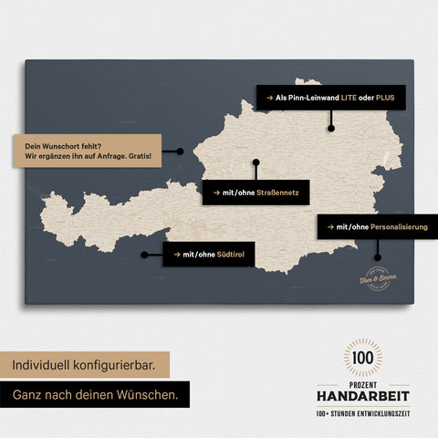 Konfigurationsmöglichkeiten einer Österreich-Landkarte mit Südtirol als Pinn-Leinwand in Hale Navy 