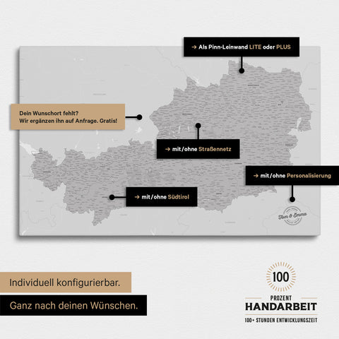 Konfigurationsmöglichkeiten einer Österreich-Landkarte mit Südtirol als Pinn-Leinwand in Hellgrau 