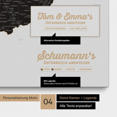 Pinnwand Leinwand einer Österreich-Karte in Light Black (Weiß-Schwarz) mit Personalisierung als Logo mit Familiennamen