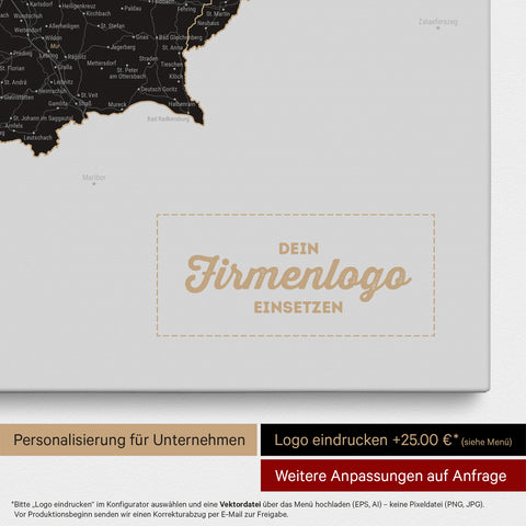 Österreich-Karte als Pinn-Leinwand in Light Black (Weiß-Schwarz) mit Eindruck eines Firmenlogos