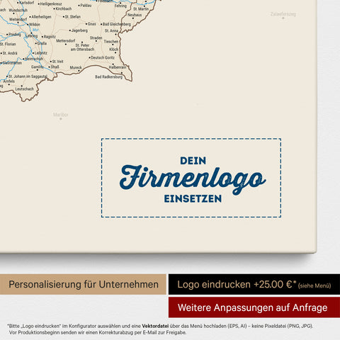 Österreich-Karte als Pinn-Leinwand in Multicolor Classic mit Eindruck eines Firmenlogos