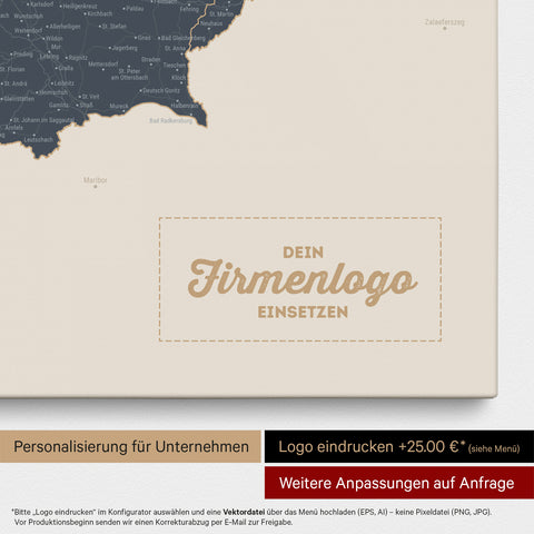 Österreich-Karte als Pinn-Leinwand in Navy Light mit Eindruck eines Firmenlogos