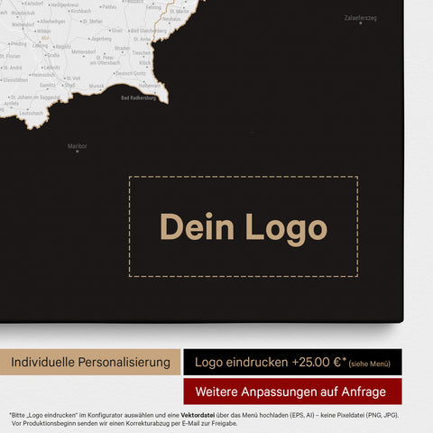 Österreich-Karte als Pinn-Leinwand in Schwarz-Weiß mit Eindruck eines Firmenlogos