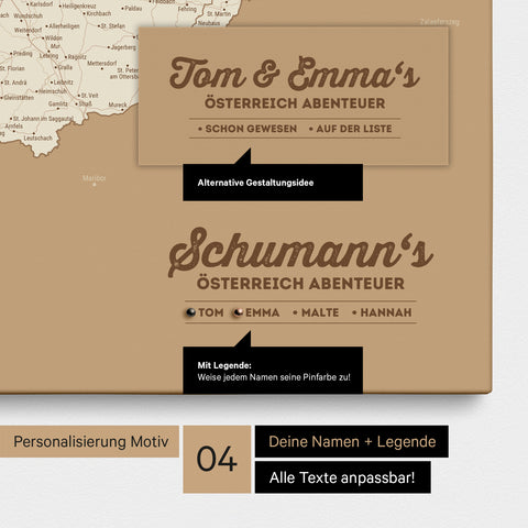 Pinnwand Leinwand einer Österreich-Karte in Treasure Gold mit Personalisierung als Logo mit Familiennamen