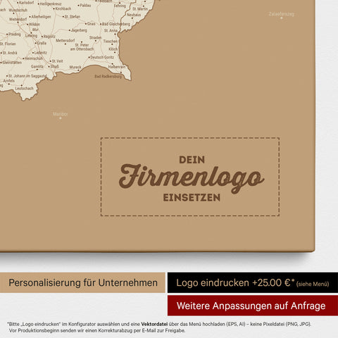 Österreich-Karte als Pinn-Leinwand in Treasure Gold mit Eindruck eines Firmenlogos