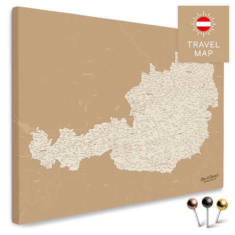 Österreich-Karte in Treasure Gold als Pinnwand Leinwand zum Pinnen und Markieren von Reisezielen kaufen
