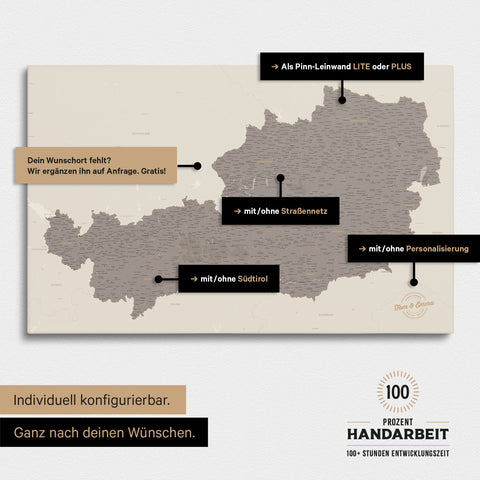 Konfigurationsmöglichkeiten einer Österreich-Landkarte mit Südtirol als Pinn-Leinwand in Warmgray 
