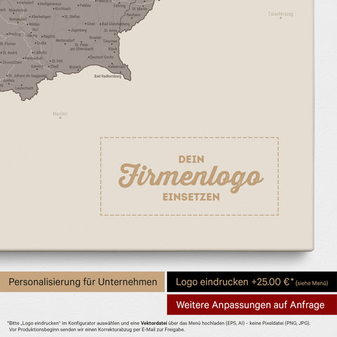 Österreich-Karte als Pinn-Leinwand in Warmgray (Braun-Grau) mit Eindruck eines Firmenlogos