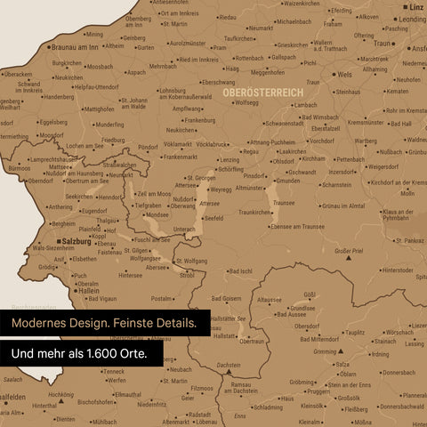 Ausschnitt einer Landkarte als Poster von Oberösterreich mit Pins zur Markierung von besuchten Reisezielen