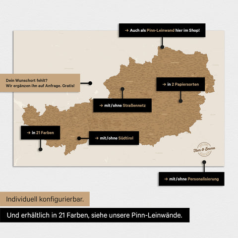 Verschiedene Konfigurationsmöglichkeiten für ein individuelles Poster einer Österreich-Karte