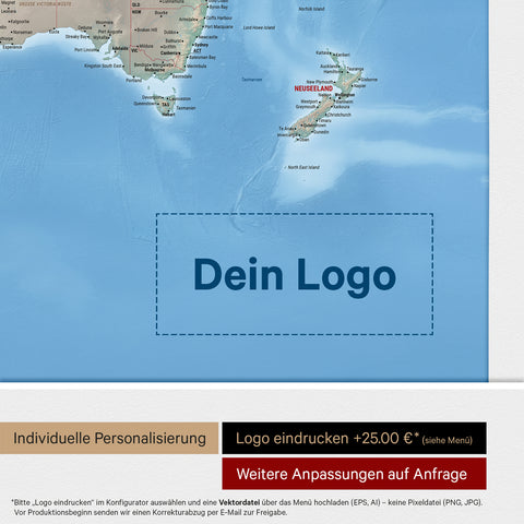Physische Weltkarte mit Antarktis als Pinn-Leinwand in Multicolor Terra mit Logo-Eindruck für Unternehmen