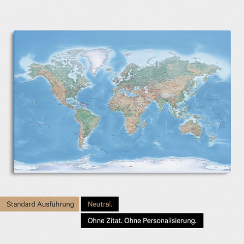 Neutrale Standard-Ausführung einer physischen Weltkarte mit Antarktis als Pinn-Leinwand in Multicolor Terra