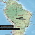 Detail einer physischenWeltkarte in der Equal-Earth-Projektion als Pinn-Leinwand in der Farbe Multicolor Terra, die eine abgesteckte Reiseroute in Südamerika durch die Länder Brasilien, Peru und Ecuador zeigt