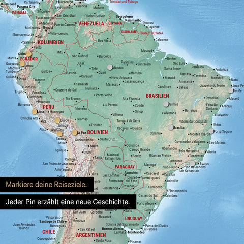 Pinnen von Reisezielen auf einer magnetischen physischen Weltkarte als Magnetposter in Multicolor Terra