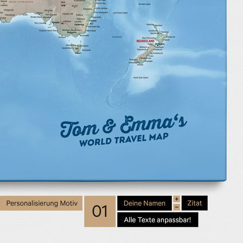 Physische Weltkarte als Pinnwand Leinwand in Multicolor Terra mit Personalisierung und Eindruck von deinen Namen