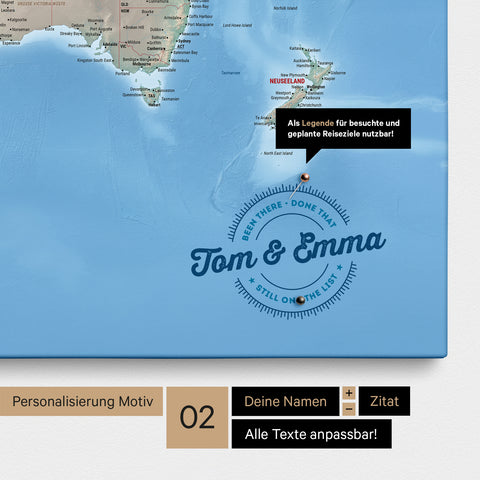 Personalisierte physische Weltkarte als Pinnwand Leinwand in Multicolor Terra mit eingedruckten Namen und einer Legende zur Markierung von besuchten Orten