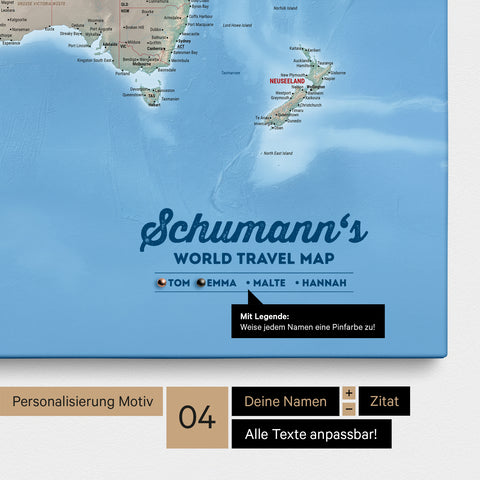 Pinnwand Leinwand einer physischen Weltkarte in Multicolor Terra mit Personalisierung als Logo mit Familiennamen und Legende