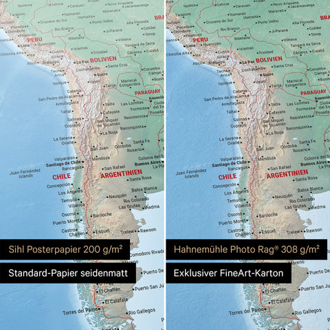 Physische Weltkarte in Multicolor Terra als Poster in den Papiersorten Sihl Posterpapier oder Hahnemühle Photo Rag