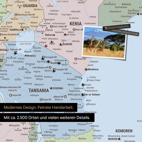 Detailreiche politische Afrika-Karte als Pinnwand in Multicolor Atlas zur Markierung von 2.500 Reisezielen in Tansania, Kenia und vielen anderen afrikanischen Ländern – ideal für die Markierung vergangener Reisen und zukünftiger Reisepläne