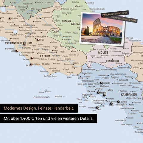 Politische Italien Landkarte als Leinwand zum Pinnen zeigt einen Ausschnitt von Rom, Abruzzien und Kampanien mit vielen Details wie Nationalparks, Flüssen und zahlreichen kleinen Orten und Städten, die teilweise mit Pins markiert sind