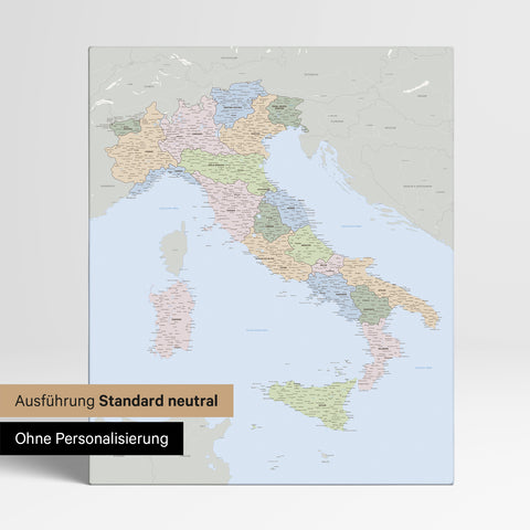 Neutrale Standard Ausführung der detaillierten politischen Italien-Karte als Pinnwand Leinwand ohne Personalisierung