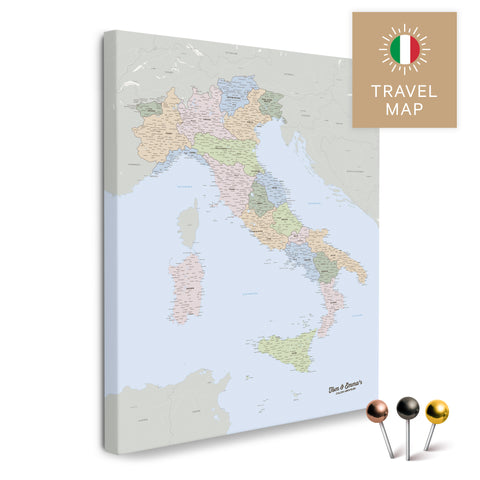 Politische Italien-Landkarte in einem modernen, minimalistischem Design als Leinwand zum Pinnen von Reisen und Orten