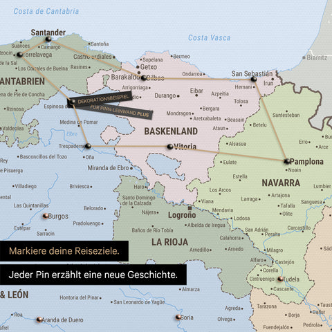 Politische Spanien- & Portugal Landkarte als Pinn-Leinwand zeigt einen Ausschnitt vom Baskenland und Navarra, in der bereits besuchte Reiseziele durch Pins markiert sind 