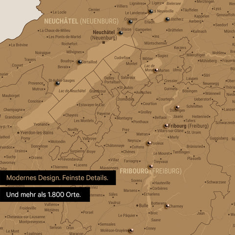 Ausschnitte einer Schweizkarte in der Region Freiburg und Thunersee als Pinn-Leinwand in Bronze mit 1.400 Orten