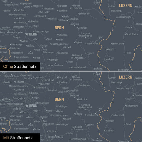 Schweiz-Karte Leinwand in Denim Blue wahlweise mit oder ohne Straßennetz